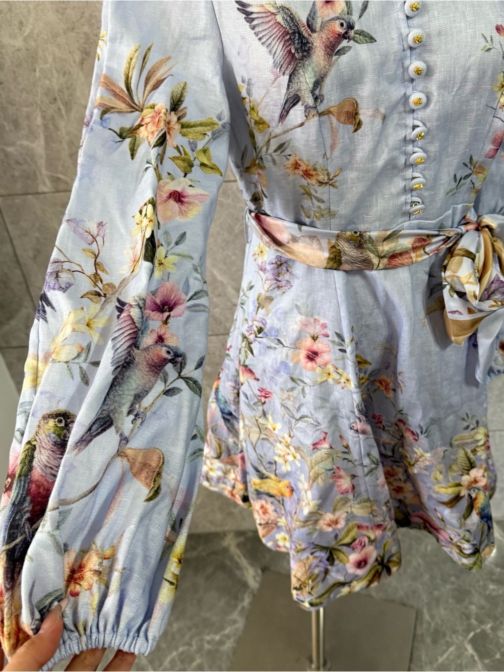 Zimmermann Powder Blue Floral & Bird Tie-Waist Mini Dress - Picture 6 of 11